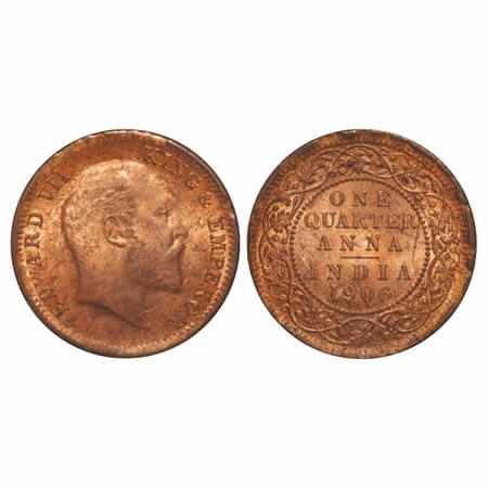 Edward VII, Copper, Quarter Anna, 1906, 6.45gm, Calcutta Mint, No mint mark, Uneven rim ed