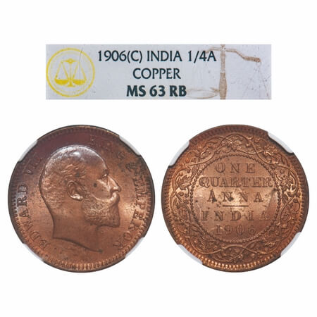 Edward VII, Copper, Quarter Anna, 1906, Calcutta Mint, No mint mark. F. Prid 650. GK 997. 