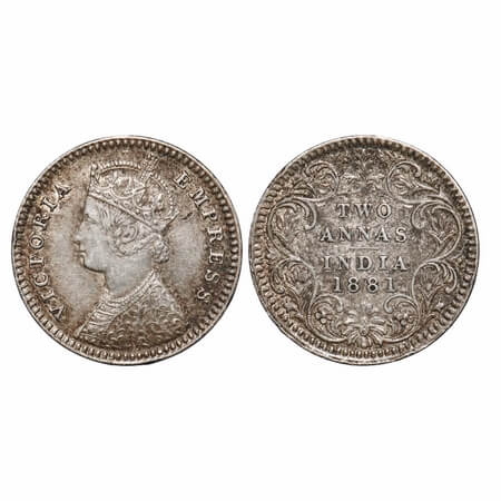 Victoria Empress, Silver, 2 Annas, 1881, Calcutta Mint, B/II, 'C' incused. F. Prid 496. GK