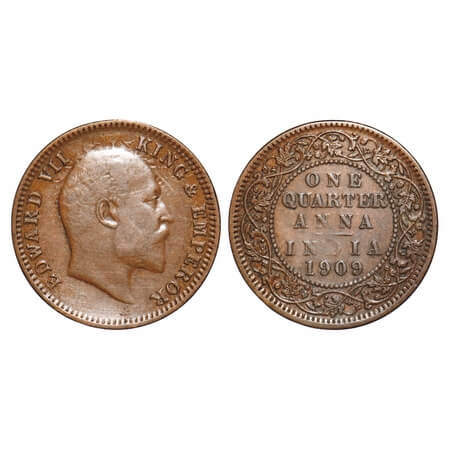 Edward VII, Copper, Quarter Anna, 1909, Calcutta Mint, No mint mark. F. Prid 655. GK 1001.