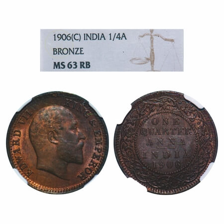 Edward VII, Bronze, Quarter Anna, 1906, Calcutta Mint, No mint mark. F. Prid 651. GK 998. 
