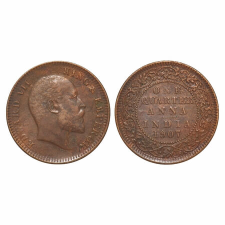 Edward VII, Bronze, Quarter Anna, 1907, Calcutta Mint, No mint mark, Complete skull ghost 