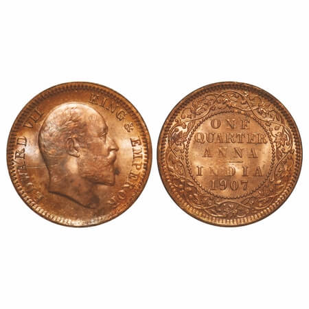 Edward VII, Bronze, Quarter Anna, 1907, Calcutta Mint, No mint mark, Struck through Error 