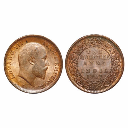 Edward VII, Bronze, Quarter Anna, 1907, Calcutta Mint, No mint mark. F. Prid 652. GK 999. 