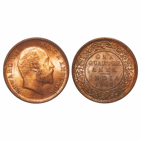 Edward VII, Bronze, Quarter Anna, 1908, Calcutta Mint, No mint mark, A complete skull ghos
