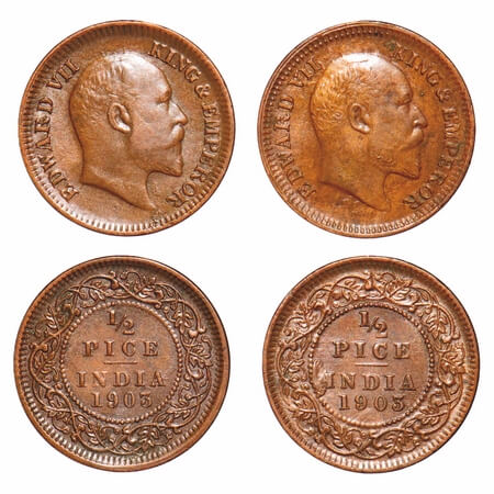Edward VII, Copper, 1/2 Pice, (2 coins), 1903, Calcutta Mint, No mint mark, 1) Large 3, 2)