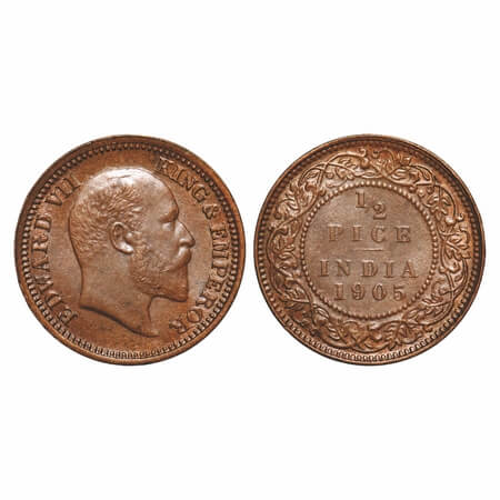 Edward VII, Copper, 1/2 Pice, 1905, Calcutta Mint, No mint mark. F. Prid 738. GK 1005. Unc