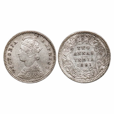 Victoria Empress, Silver, 2 Annas, 1881, Calcutta Mint, B/II, 'C' incused. F. Prid 496. GK