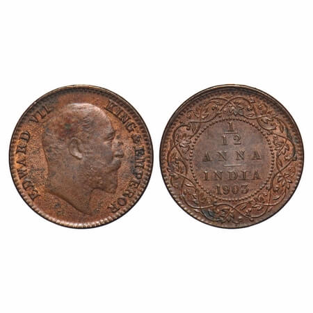 Edward VII, Copper, 1/12 Anna, 1903, Calcutta Mint, No mint mark. F. Prid 818. GK 1012. Un