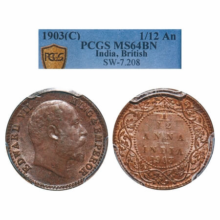 Edward VII, Copper, 1/12 Anna, 1903, Calcutta Mint, No mint mark. F. Prid 818. GK 1012. PC
