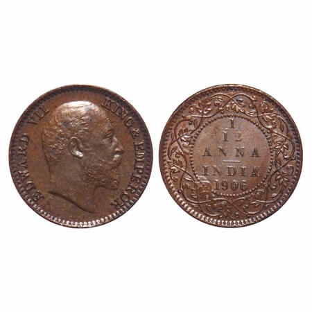 Edward VII, Bronze, 1/12 Anna, 1906, Calcutta Mint, No mint mark. F. Prid 822. GK 1016. Un