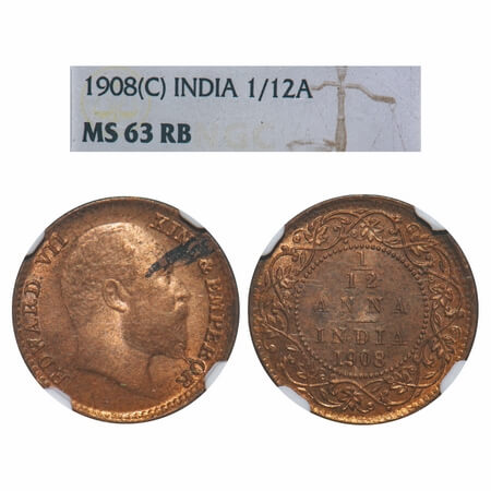 Edward VII, Bronze, 1/12 Anna, 1908, Calcutta Mint, No mint mark. F. Prid 824. GK 1018. NG