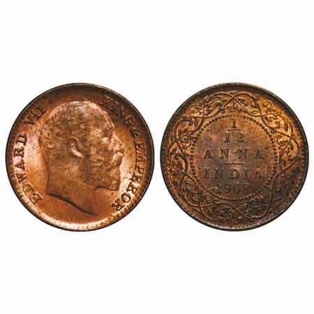 Edward VII, Bronze, 1/12 Anna, 1908, Calcutta Mint, No mint mark. F. Prid 824. GK 1018. Un