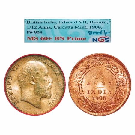 Edward VII, Bronze, 1/12 Anna, 1908, Calcutta Mint, No mint mark. F. Prid 824. GK 1018. NG