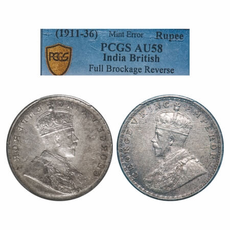 George V, Silver, Rupee, Error, Obv Lakhi (Brockage). GK Unlisted. PCGS Slabbed AU 58. Ext