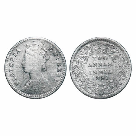 Victoria Empress, Silver, 2 Annas, 1881, Calcutta Mint, B/II, 'C' incused. F. Prid 496. GK