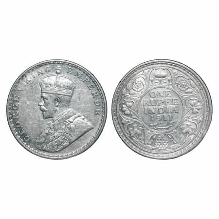 George V, Silver, Rupee, 1911, Bombay Mint, Dot, Pig-type, Raised initials 'BM' of Bertara