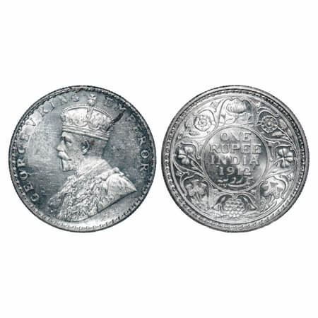 George V, Silver, Rupee, 1912, Calcutta Mint, No dot, Re-drawn Elephant with long tusk, Gh