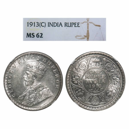 George V, Silver, Rupee, 1913, Calcutta Mint, No dot, Elephant. F. Prid 209. GK 1027. NGC 