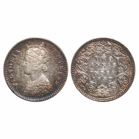 Victoria Empress, Silver, 2 Annas, 1882, Bombay Mint, A/I, Dot. F. Prid 525. GK 759. Almos