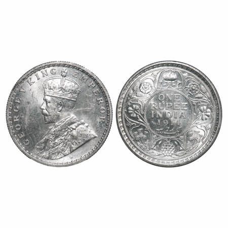 George V, Silver, Rupee, 1914, Calcutta Mint, No dot, Elephant. F. Prid 210. GK 1029. Bril