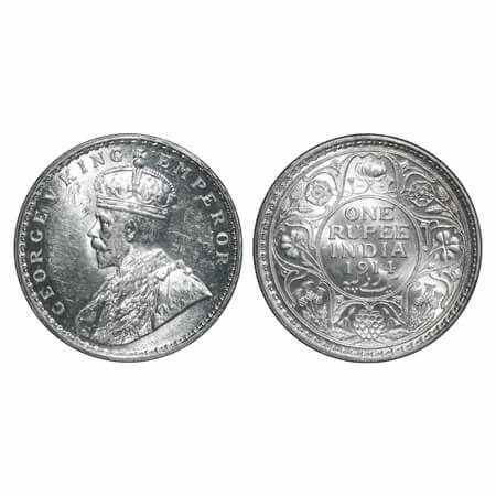 George V, Silver, Rupee, 1914, Calcutta Mint, No dot, Elephant. F. Prid 210. GK 1029. Bril
