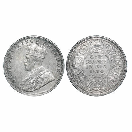 George V, Silver, Rupee, 1914, Bombay Mint, Dot, Elephant. F. Prid 220. GK 1030. Uncircula