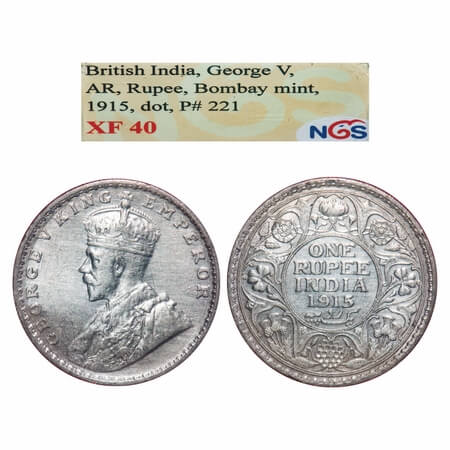 George V, Silver, Rupee, 1915, Bombay Mint, Dot, Elephant. F. Prid 221. GK 1032.NGS Slabbe