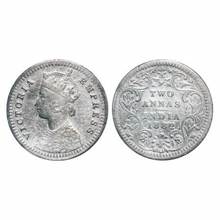 Victoria Empress, Silver, 2 Annas, 1882, Bombay Mint, B/II, Dot, Ghost on Obv. F. Prid 527