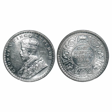 George V, Silver, Rupee, 1916, Calcutta Mint, No dot, Elephant. F. Prid 212. GK 1033. Bril