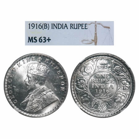 George V, Silver, Rupee, 1916, Bombay Mint, Dot, Elephant. F. Prid 222. GK 1034. NGC Slabb