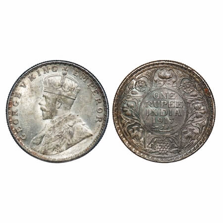 George V, Silver, Rupee, 1917, Bombay Mint, Dot, Elephant, Ghost on Rev. F. Prid 223. GK 1