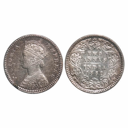 Victoria Empress, Silver, 2 Annas, 1882, Calcutta Mint, B/II, 'C' incused, Edge nick on Ob