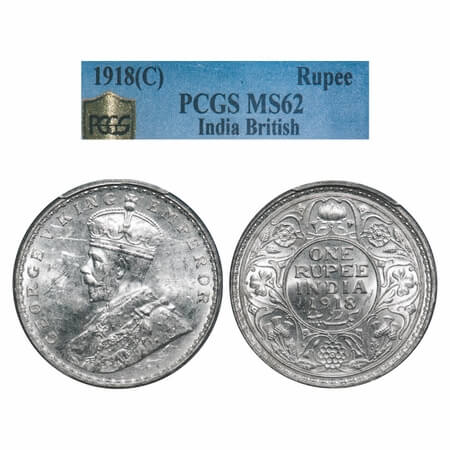 George V, Silver, Rupee, 1918, Calcutta Mint, No dot, Elephant. F. Prid 214. GK 1037. PCGS