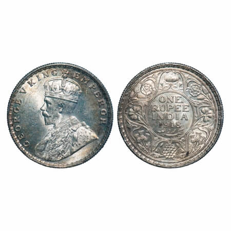 George V, Silver, Rupee, 1918, Bombay Mint, Dot, Elephant, Ghost on Rev. F. Prid 224. GK 1