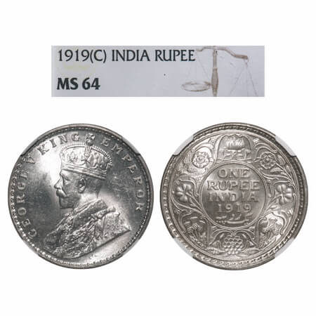 George V, Silver, Rupee, 1919, Calcutta Mint, No dot, Elephant. F. Prid 215. GK 1039. NGC 
