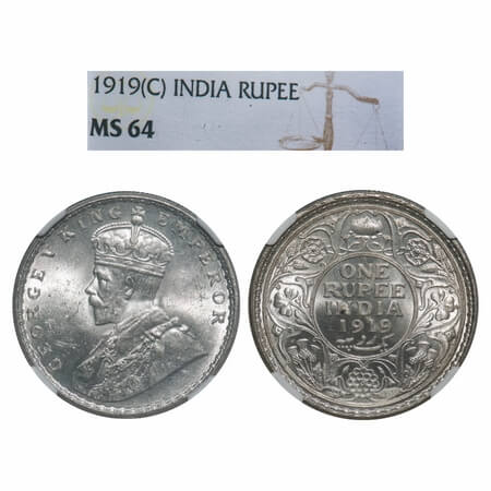 George V, Silver, Rupee, 1919, Calcutta Mint, No dot, Elephant. F. Prid 215. GK 1039. NGC 