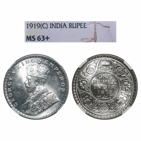 George V, Silver, Rupee, 1919, Calcutta Mint, No dot, Elephant. F. Prid 215. GK 1039. NGC 