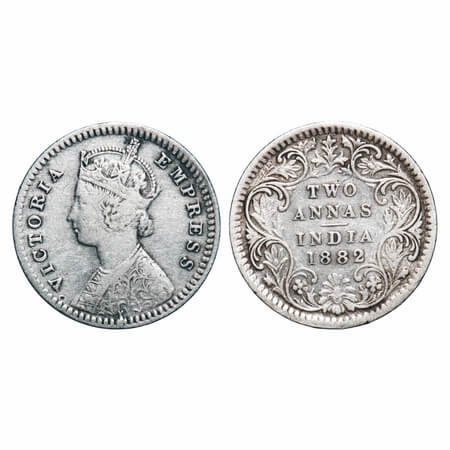 Victoria Empress, Silver, 2 Annas, 1882, Calcutta Mint, B/II, 'C' incused. F. Prid 497. GK
