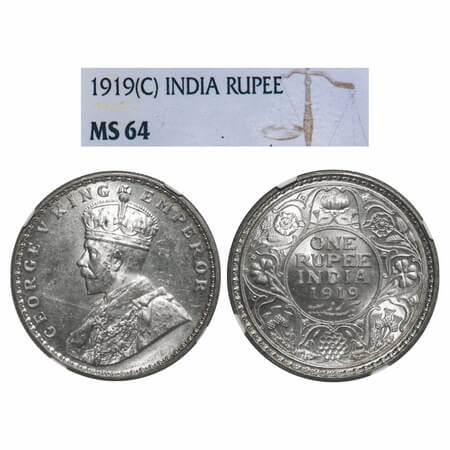 George V, Silver, Rupee, 1919, Calcutta Mint, No dot, Elephant. F. Prid 215. GK 1039. NGC 
