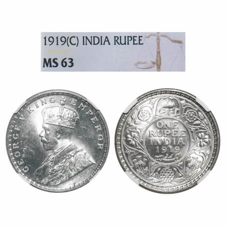 George V, Silver, Rupee, 1919, Calcutta Mint, No dot, Elephant. F. Prid 215. GK 1039. NGC 