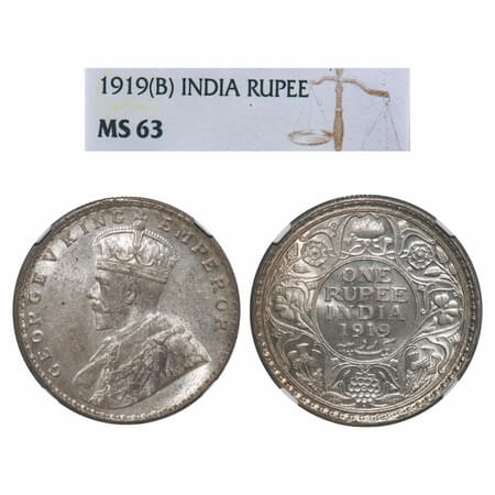 George V, Silver, Rupee, 1919, Bombay Mint, Dot, Elephant. F. Prid 225. GK 1040. NGC Slabb
