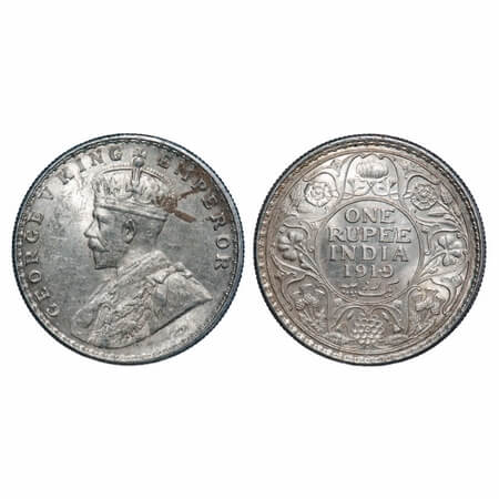 George V, Silver, Rupee, 1919, Bombay Mint, Dot, Elephant, Ghost on Rev, Die crack on Rev.