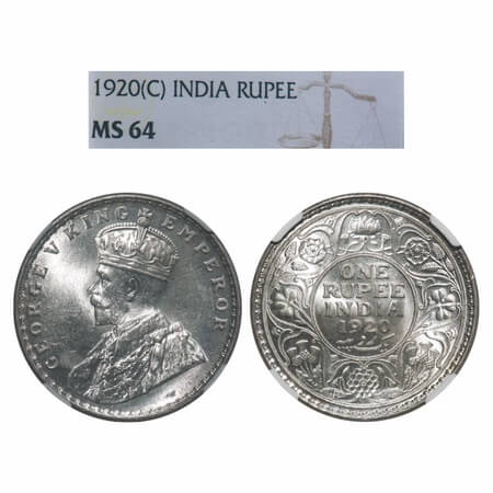 George V, Silver, Rupee, 1920, Calcutta Mint, No dot, Elephant. F. Prid 216. GK 1041. NGC 