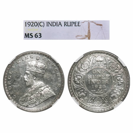 George V, Silver, Rupee, 1920, Calcutta Mint, No dot, Elephant. F. Prid 216. GK 1041. NGC 