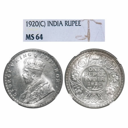 George V, Silver, Rupee, 1920, Calcutta Mint, No dot, Elephant. F. Prid 216. GK 1041. NGC 
