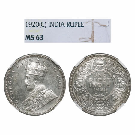 George V, Silver, Rupee, 1920, Calcutta Mint, No dot, Elephant. F. Prid 216. GK 1041. NGC 