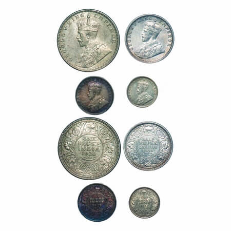 George V, Silver, (4 coins), 1) Rupee, 1920, Calcutta Mint, No dot, Elephant, 2) Half Rupe