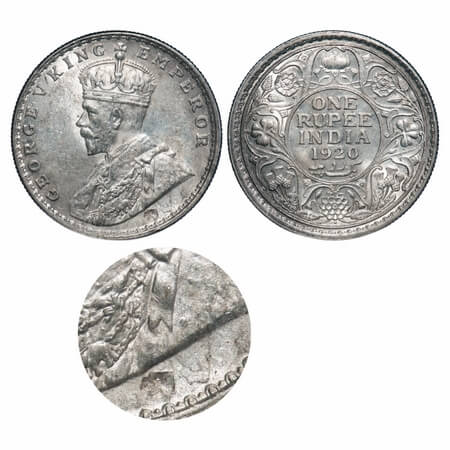 George V, Silver, Rupee, 1920, Bombay Mint, Dot, Elephant, Planchet flaw on Obv, Slightly 