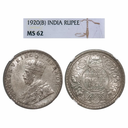 George V, Silver, Rupee, 1920, Bombay Mint, Dot, Elephant. F. Prid 226. GK 1042. NGC Slabb